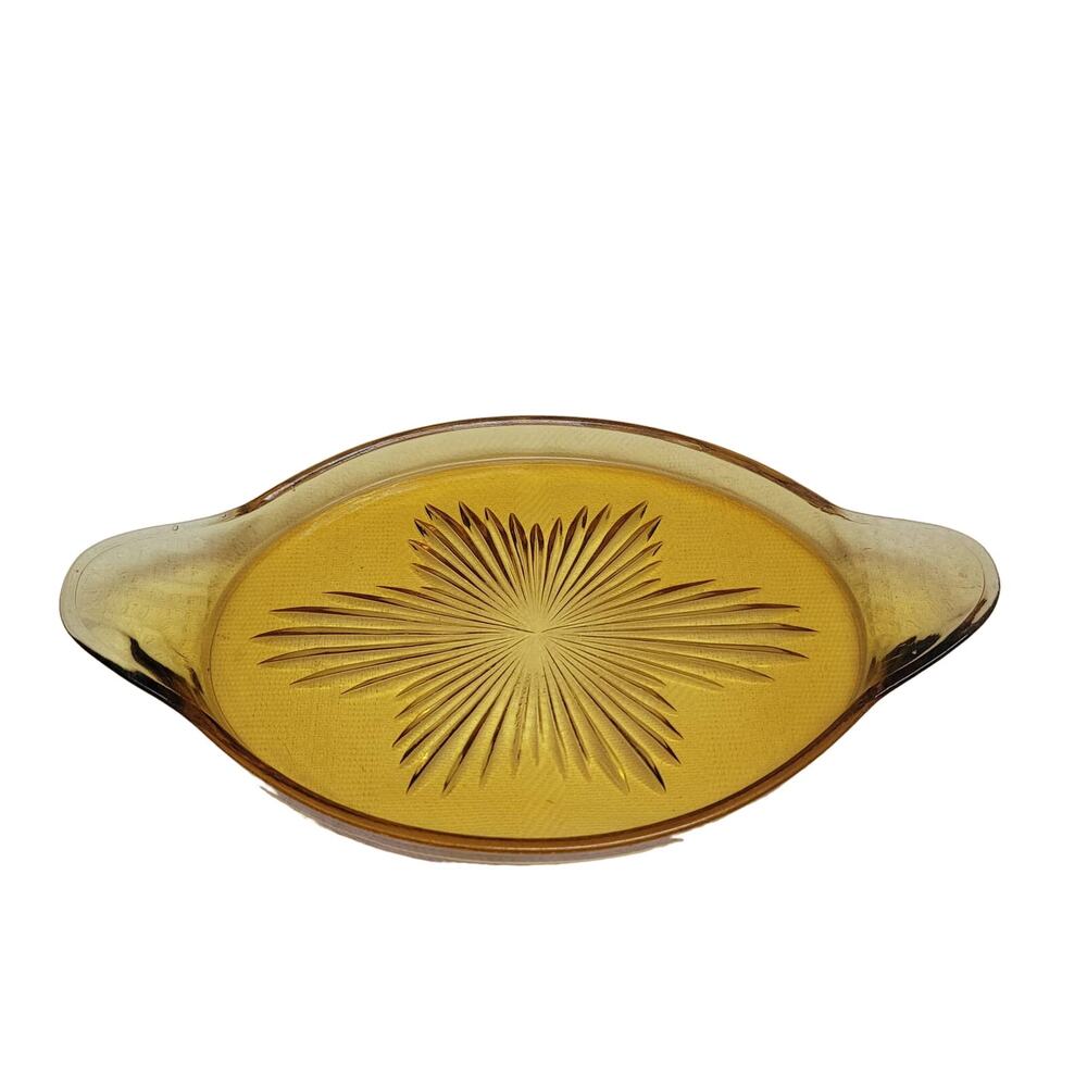 Vintage Paden City tray Amber glass yellow oval handles star cut glass